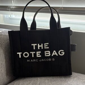 Marc Jacobs Black Canvas The Tote Bag Mini with White Logo